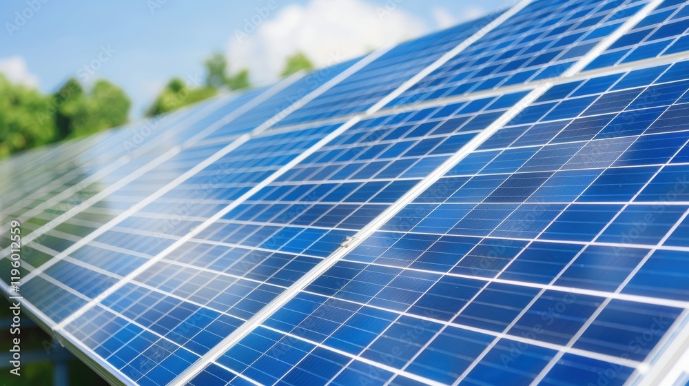 A close-up of solar panels reflecting sunlight, set against a backdrop of greenery and blue skies, showcasing renewable energy technology. A close-up of solar panels reflecting sunlight, set against a backdrop of greenery and blue skies, showcasing renewable energy technology.