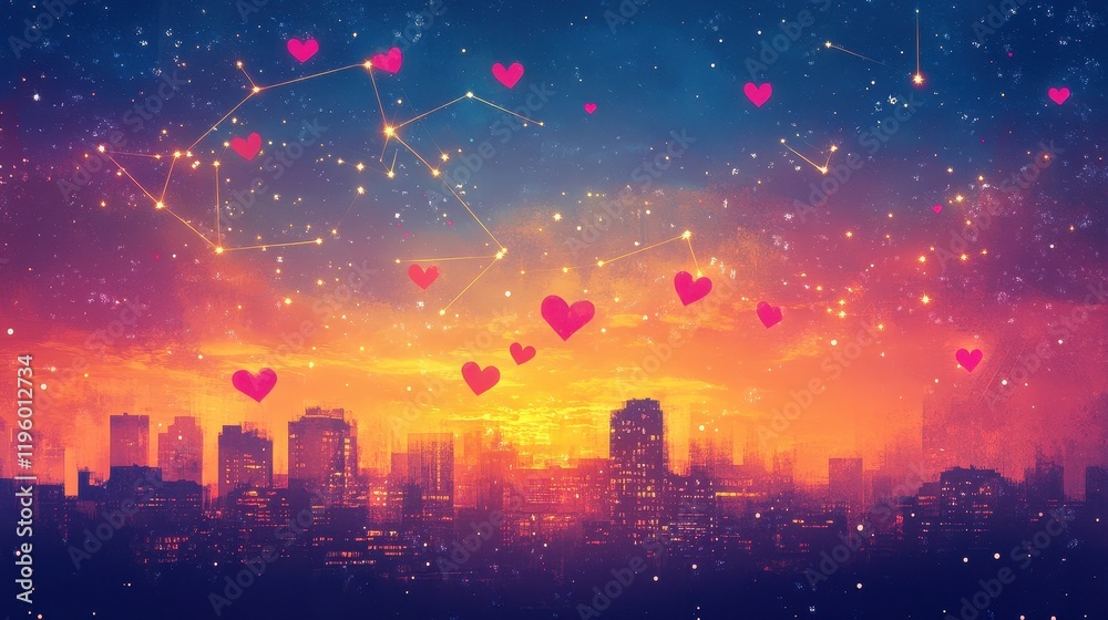 Fototapeta premium Cityscape Silhouette Underneath A Starry Night Sky With Hearts