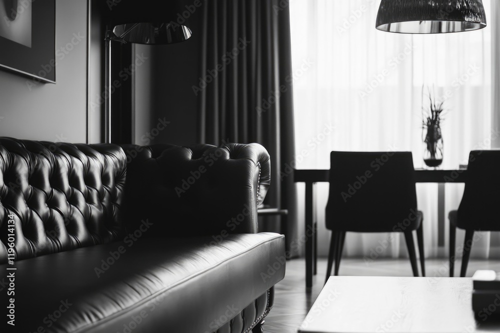 Obraz premium A stylish living room with leather sofa, chairs at a wooden table. Modern decor with black and white color scheme.