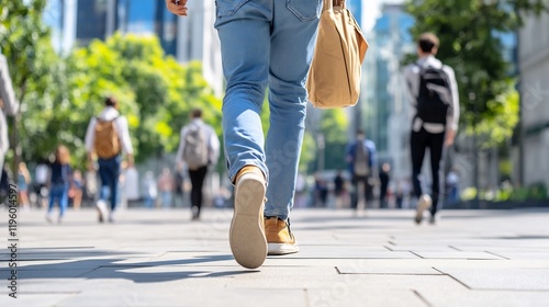 Person walking city street, busy background, commute, urban lifestyle, stock photo photo