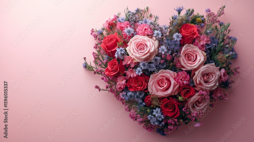 Heart-shaped bouquet of pink and red flowers on a pastel background. Valentine Day Heart-shaped bouquet of pink and red flowers on a pastel background. Valentine Day