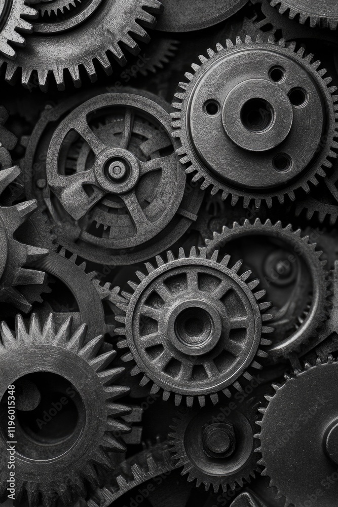 Close-up of various mechanical gears on a black background. The complexity of the machinery suggests precision engineering. Close-up of various mechanical gears on a black background. The complexity of the machinery suggests precision engineering.