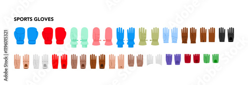 Set of Sport Gloves Fashion with names hand accessory clothing technical illustration garment. Vector for Men, women, unisex flat template CAD cartoon style isolated on white background