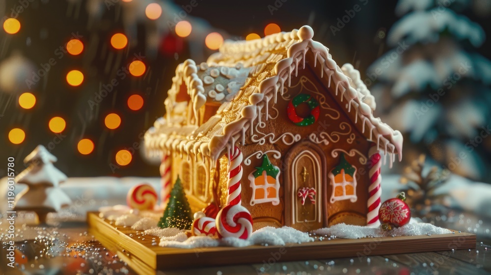 Fototapeta premium Sweet Christmas gingerbread house with candy decorations on a snowy night.