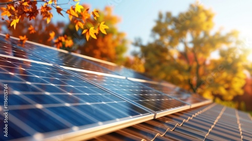 A close-up of solar panels on a roof, surrounded by vibrant autumn foliage, showcasing renewable energy in a picturesque setting.