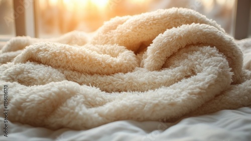Cozy Warmth: A Fluffy Cream Blanket Basking in Sunlight