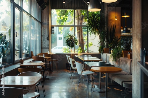 Restaurant with a lot of tables and chairs. The tables are mostly empty