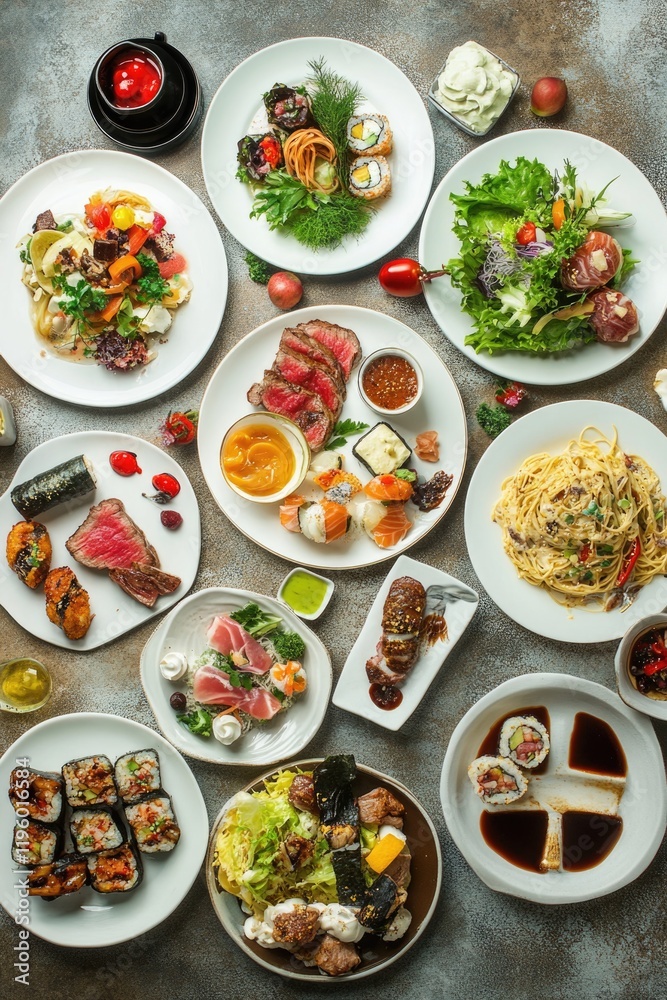 A variety of dishes from around the world, showcasing different flavors and textures on a large dining table. A variety of dishes from around the world, showcasing different flavors and textures on a large dining table.