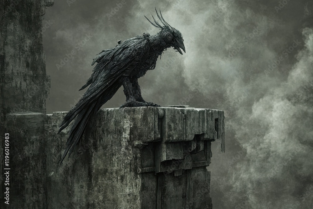 Fototapeta premium Mechanical Raven Perched on Ruined Structure