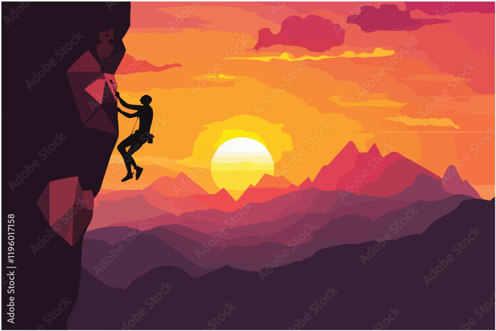 simple 2D vector of a person climbing a rock wall with a sunset backdrop _ vector EPS 10