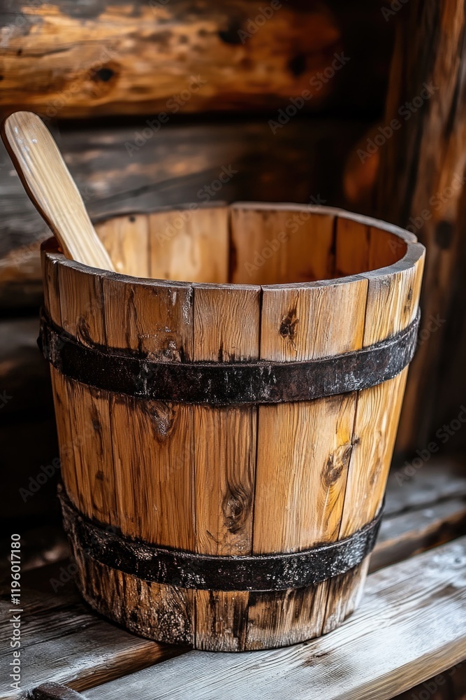 A wooden bucket with a wooden handle sitting on a shelf. A wooden bucket with a wooden handle sitting on a shelf.