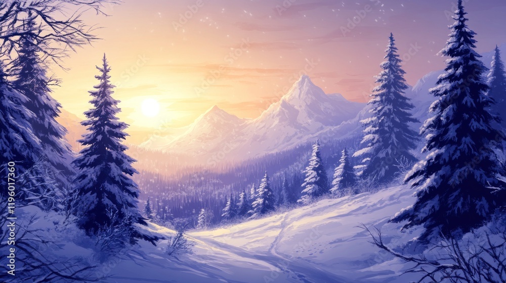 Fototapeta premium Serene winter landscape at sunset with mountains.