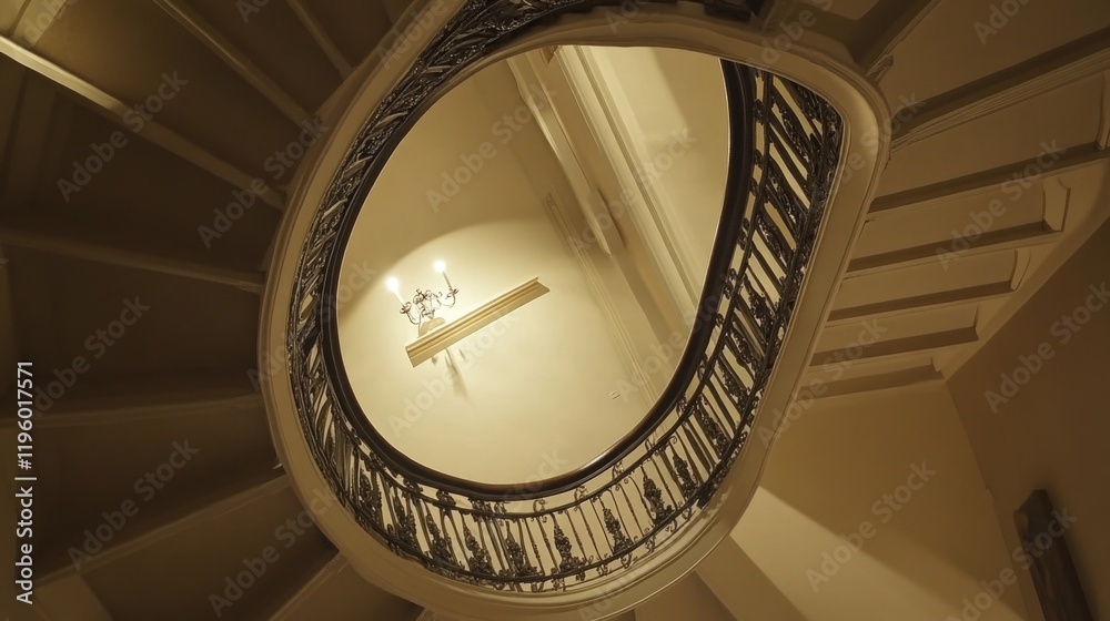 Fototapeta premium Spiral staircase with a light shining on it. The light is coming from a chandelier
