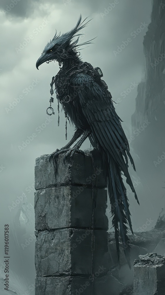 Fototapeta premium A Mechanical Raven Perched Upon A Ruined Stone Pillar