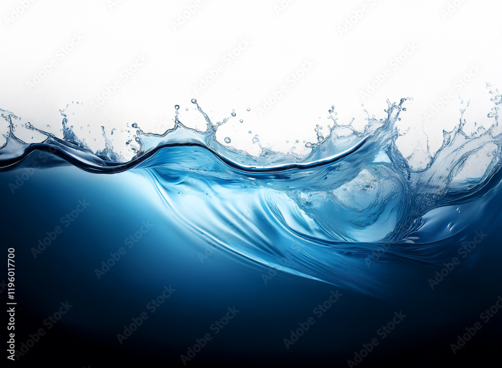 Dynamic blue water wave splashes against a white background, showcasing its fluidity and texture. The movement is captured in a frozen moment of pristine clarity. Dynamic blue water wave splashes against a white background, showcasing its fluidity and texture. The movement is captured in a frozen moment of pristine clarity.