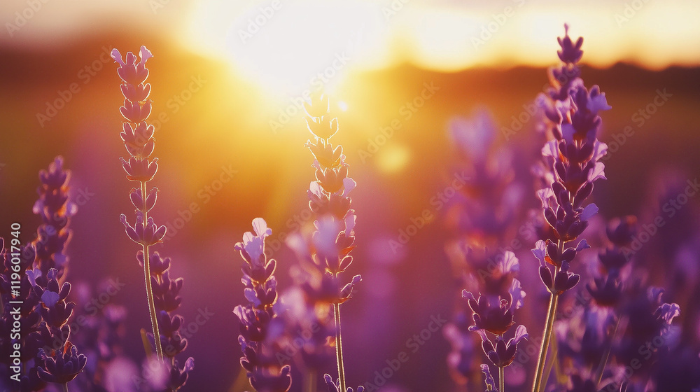 Naklejka premium Stunning Lavender Fields at Sunset with Vibrant Purple Rows and Golden Hour Tranquility in a Picturesque Landscape