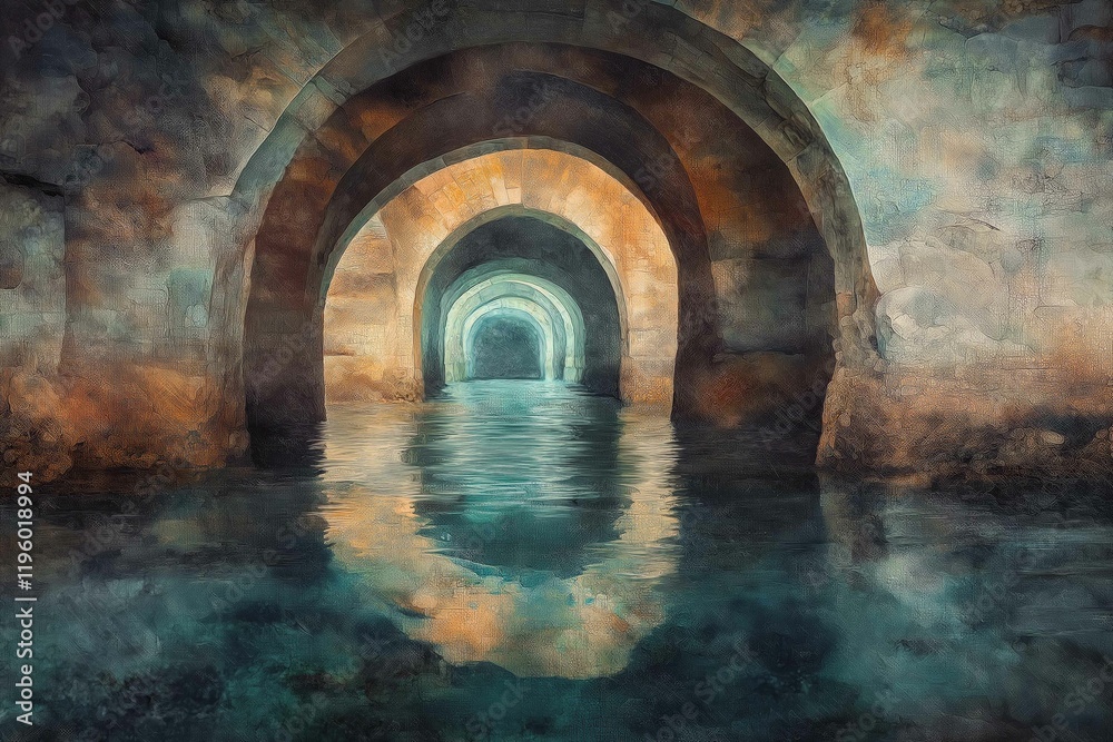 Naklejka premium underground lake inside cave with remains of the old town and corridors, digital painting