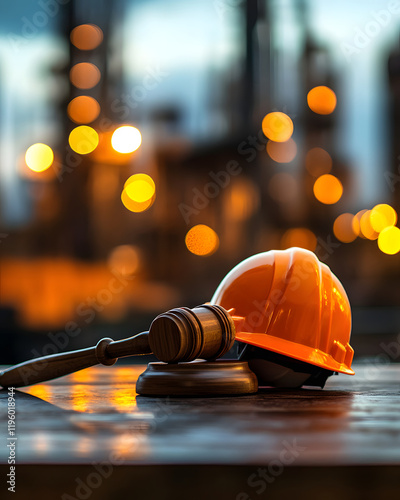 Gavel and Hard Hat on Wooden Surface with Bokeh Background