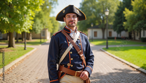 Man in historical military uniform standing on cobblestone street