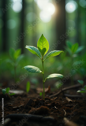 Forest regenerating with young green saplings sprouting photo