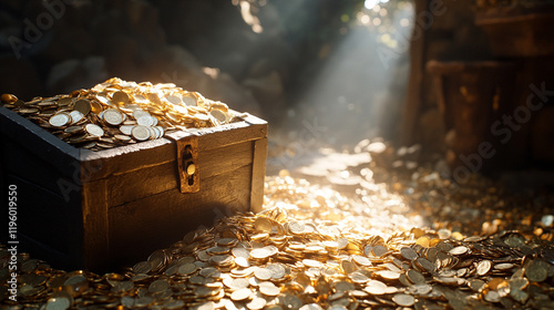 A treasure chest overflowing with gold coins set in an ancient dungeon bathed in soft daylight symbolizes wealth discovery mystery adventure and the allure of hidden riches inspiring endless curiosity photo