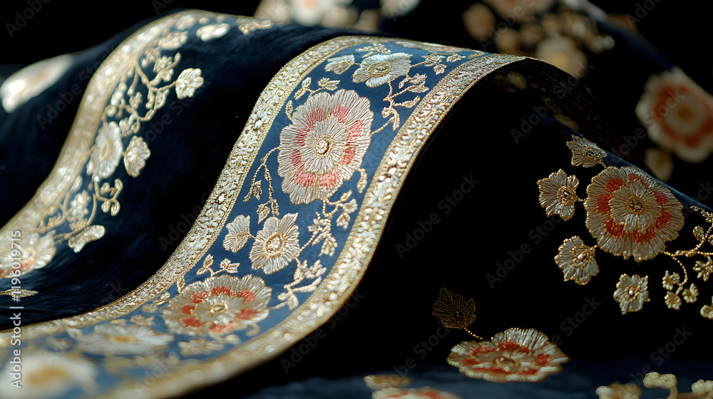 Fototapeta premium Elegant Black Fabric with Gold Floral Pattern Texture