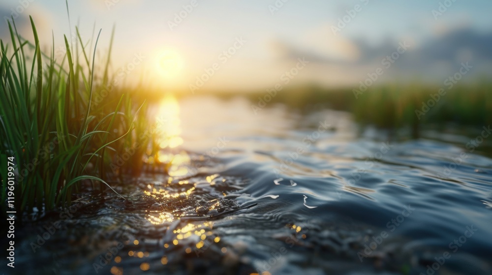 Obraz premium A serene landscape featuring sunlight reflecting on water, surrounded by lush grass, creating a tranquil atmosphere.