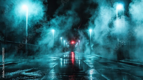 Eerie Night Street Scene Foggy, Wet Road with Glowing Lights.