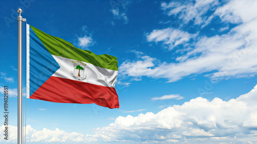 national flag of Equatorial Guinea waving against blue sky, official flag of the nation, blowing in the wind
 photo