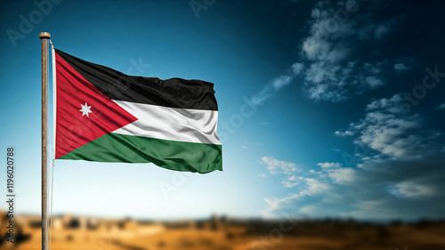 national flag of Jordan waving against blue sky, official flag of the nation, blowing in the wind
 photo