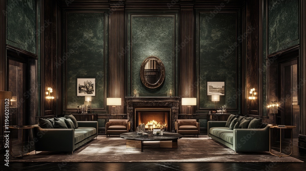 D rendering of a lavish living space with textured green walls and soft lighting. D rendering of a lavish living space with textured green walls and soft lighting.