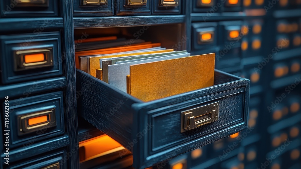 Hyper-realistic photography of open metal drawer filled with organized documents Hyper-realistic photography of open metal drawer filled with organized documents
