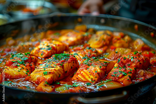 Amidst the hustle and bustle of a busy kitchen, an Indian man prepares a pot of fragrant fish curry, the tender fillets and rich gravy a flavorful non-vegetarian option for dinner. photo