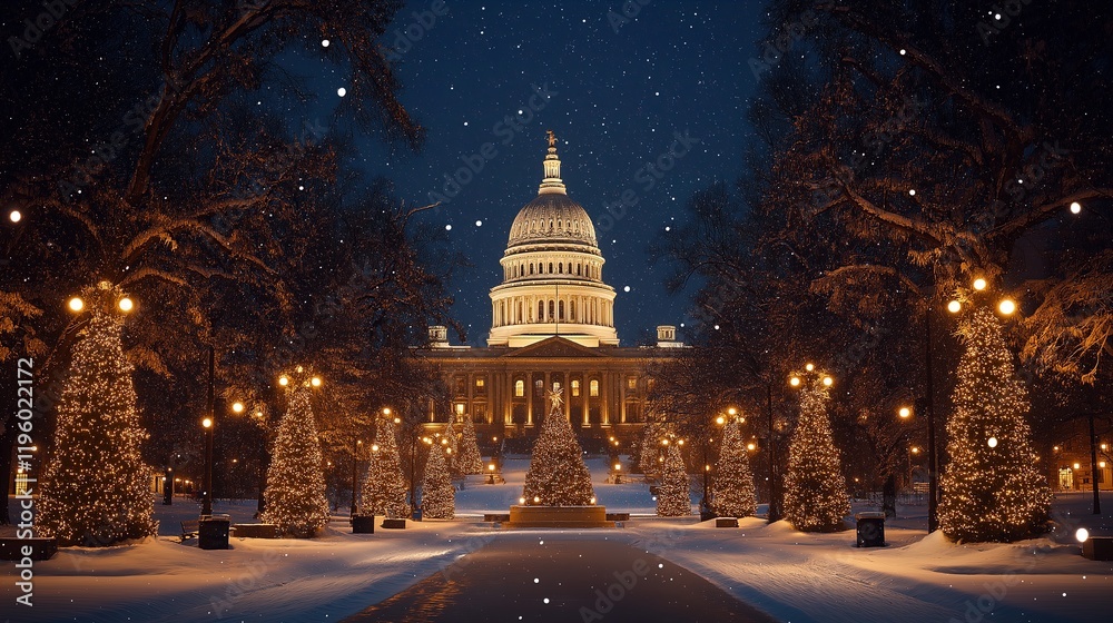 Obraz premium Snowy evening at the state capitol with festive lights and winter charm