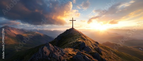 Sunset cross atop mountain peak; faith, hope, sunrise background