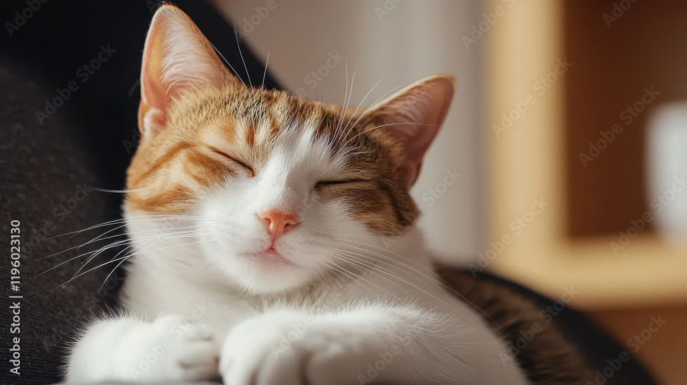 Sleeping cat with closed eyes, relaxed and content in cozy setting, World spay day concept Sleeping cat with closed eyes, relaxed and content in cozy setting, World spay day concept