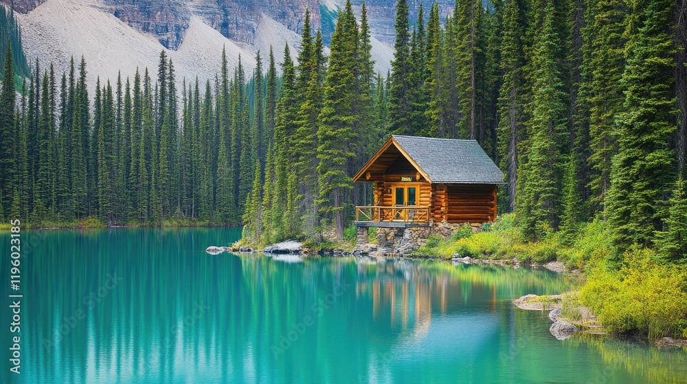 Fototapeta premium A fishing hut overlooking a misty lake surrounded by tall pine trees.