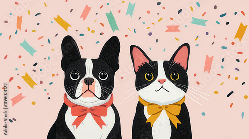 Cute dog and cat with colorful confetti, celebrating together joyfully, World spay day concept