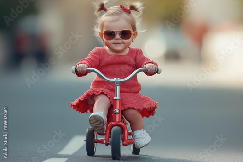 Chubby child enjoying a sunny day riding a tricycle through the street