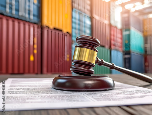 Gavel, Legal Documents, and Shipping Containers
