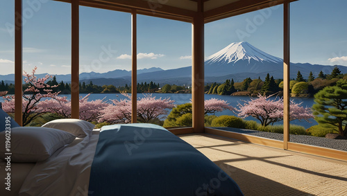 illustration A serene Japanese-style bedroom with blue furniture and large sliding doors that open offering serene views of Mount Fuji photo