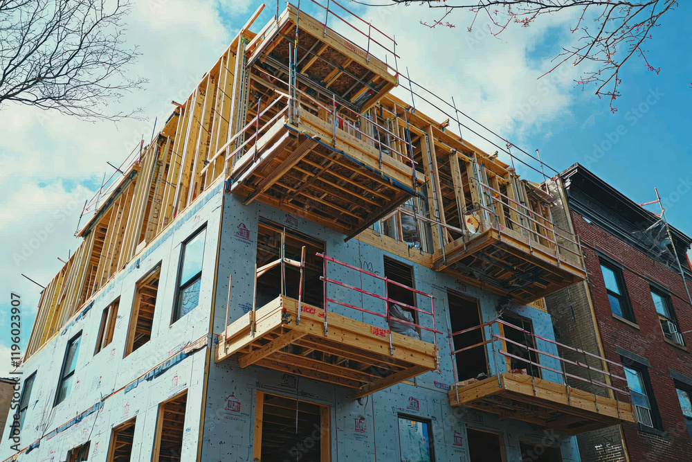 A Multi story modular apartment construction with balconies showcases progress and housing flexibility A Multi story modular apartment construction with balconies showcases progress and housing flexibility