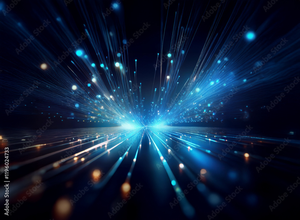 Naklejka premium Abstract image depicting a burst of blue light streaks converging at a central point, resembling a futuristic highway or data stream. Glowing particles and lines create a sense of speed and energy.