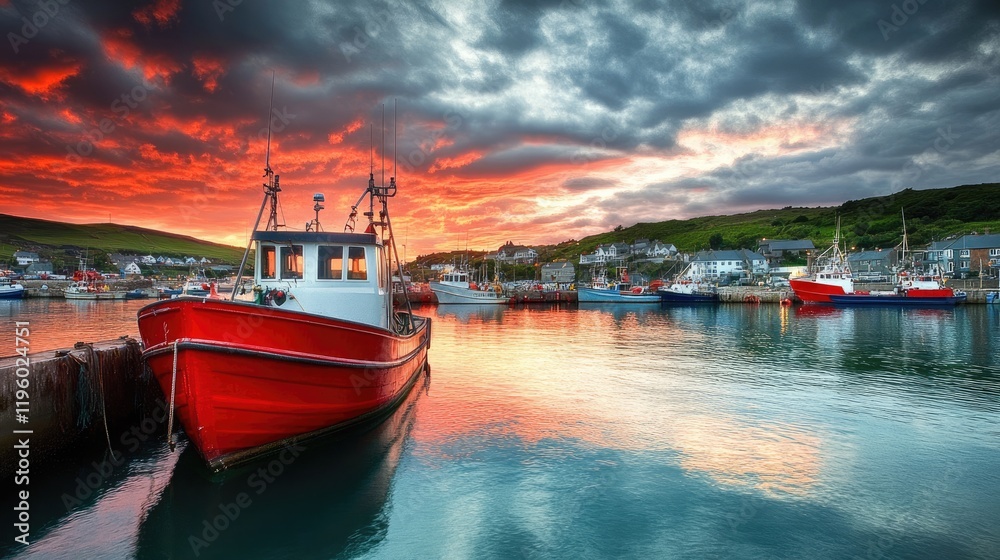 Fototapeta premium A tranquil port with fishing boats anchored under a cloudy sky.