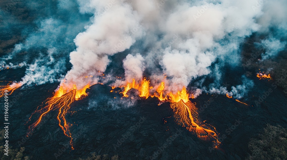 A volcano surrounded by smoke and ash as glowing lava cascades down its slopes. A volcano surrounded by smoke and ash as glowing lava cascades down its slopes.