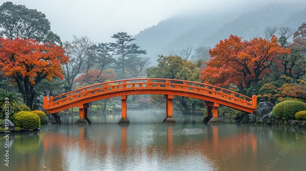 Serene Autumnal Landscape: A Japanese Garden Bridge Reflecting in Calm Waters Serene Autumnal Landscape: A Japanese Garden Bridge Reflecting in Calm Waters