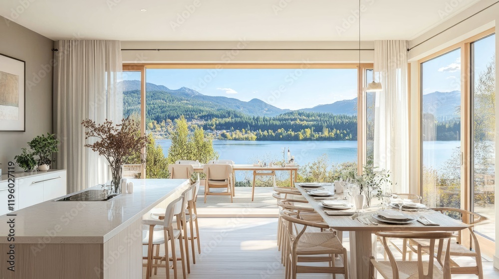 Obraz premium Elegant dining area with neutral tones, designer furniture, and panoramic views of a serene lake.