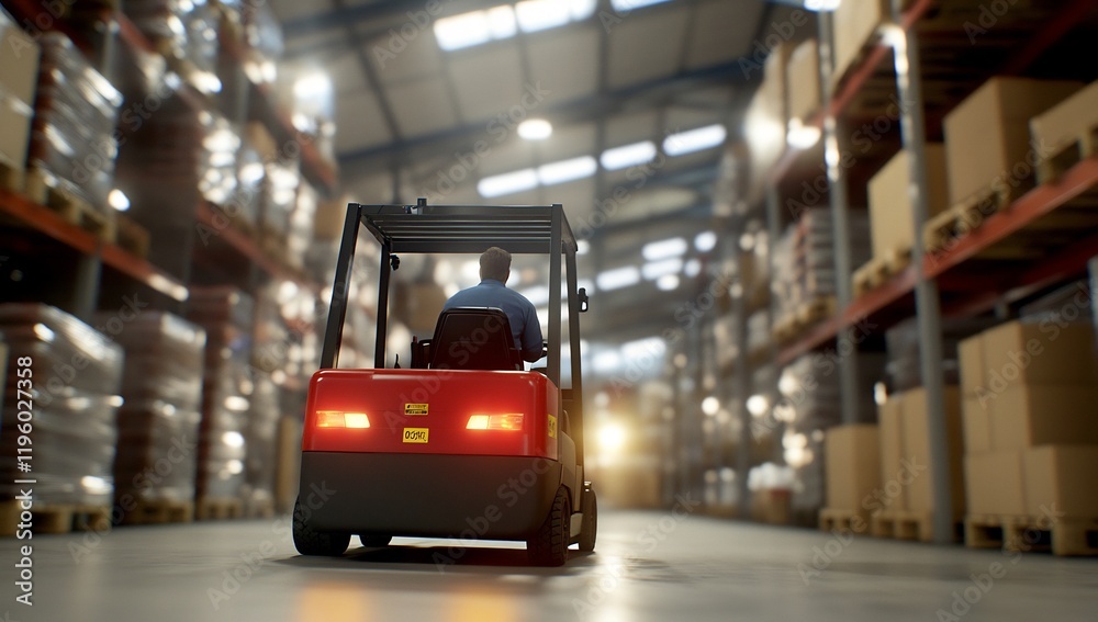 Warehouse worker operating forklift, logistics, inventory Warehouse worker operating forklift, logistics, inventory