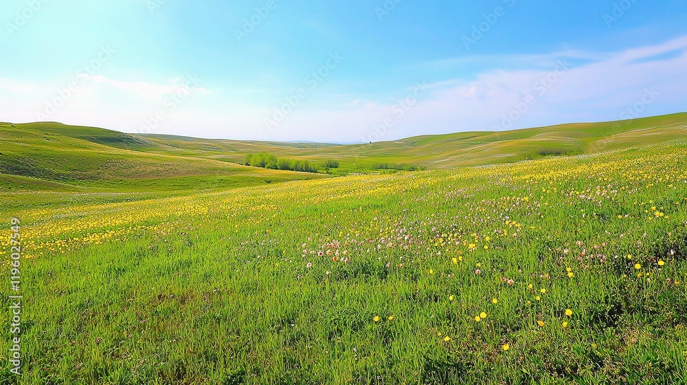 Vibrant Spring Landscape with Flowering Fields and Blue Sky Vibrant Spring Landscape with Flowering Fields and Blue Sky