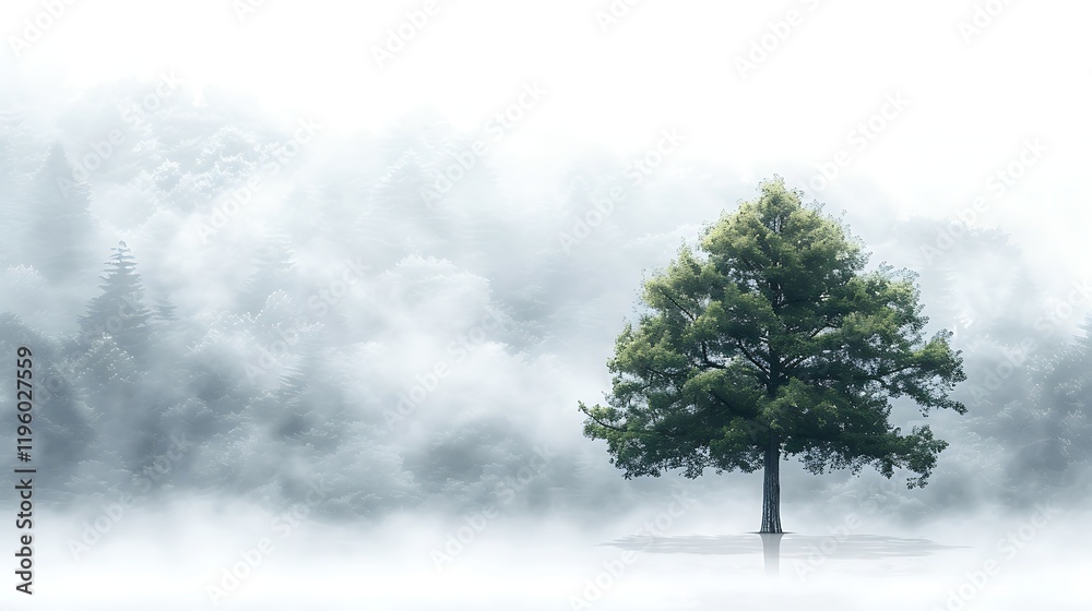 A dawn redwood tree in a misty forest isolated on white background A dawn redwood tree in a misty forest isolated on white background